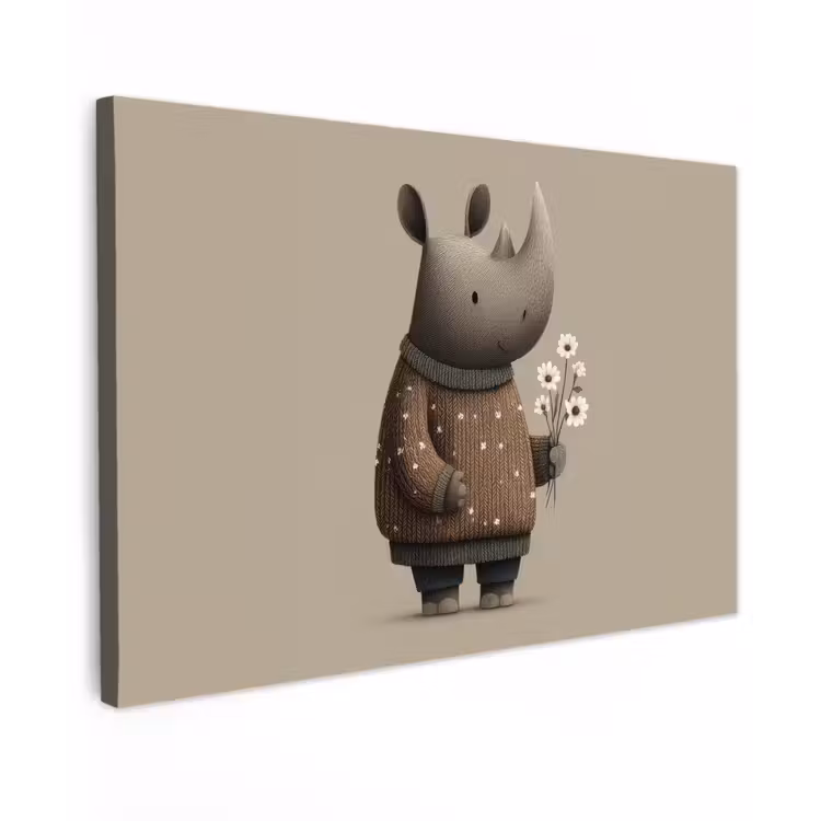 Neushoorn - Witte bloemen - Lief canvas 2cm klein -z3d