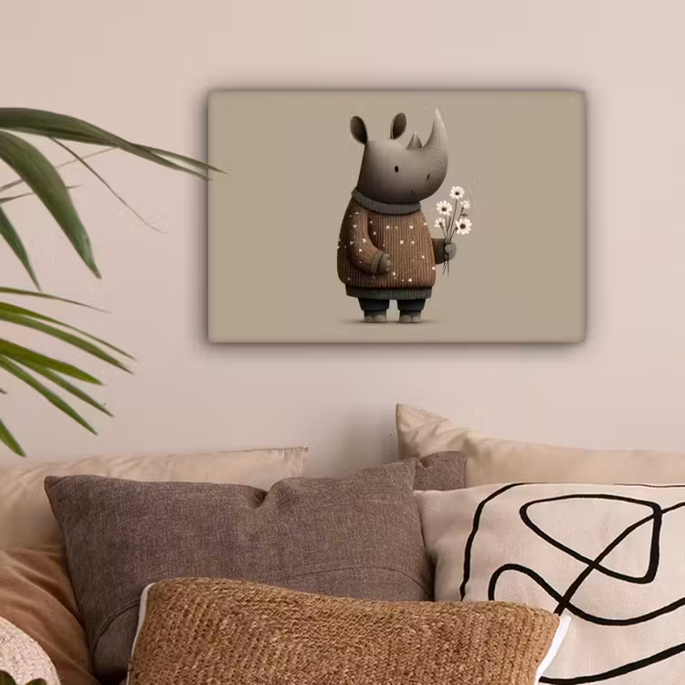 Neushoorn - Witte bloemen - Lief canvas 2cm klein -sfeer1