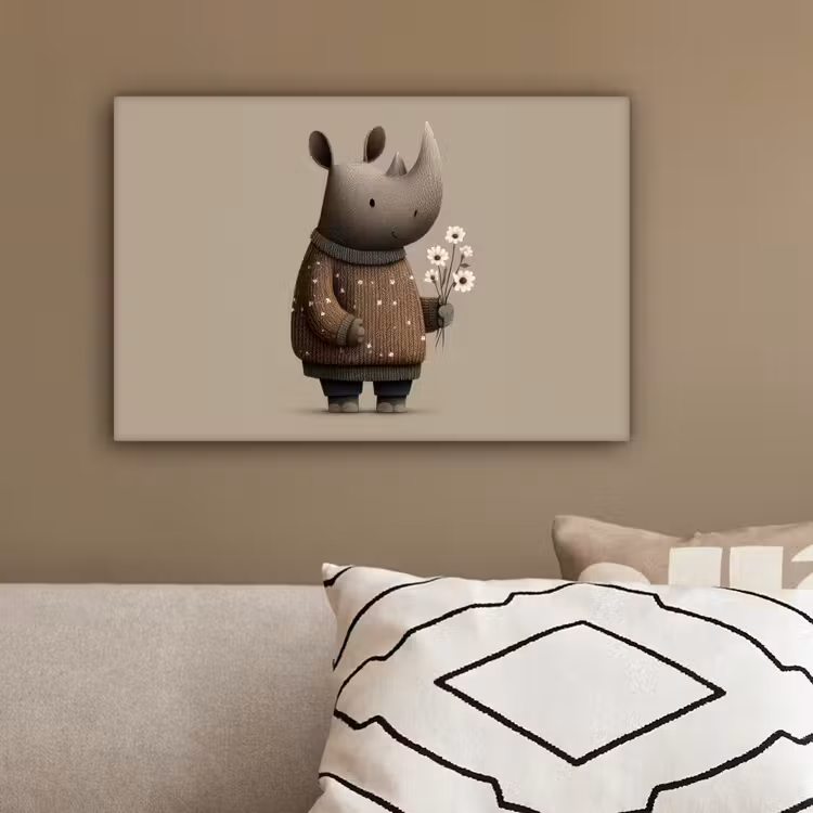 Neushoorn - Witte bloemen - Lief canvas 2cm klein -sfeer3