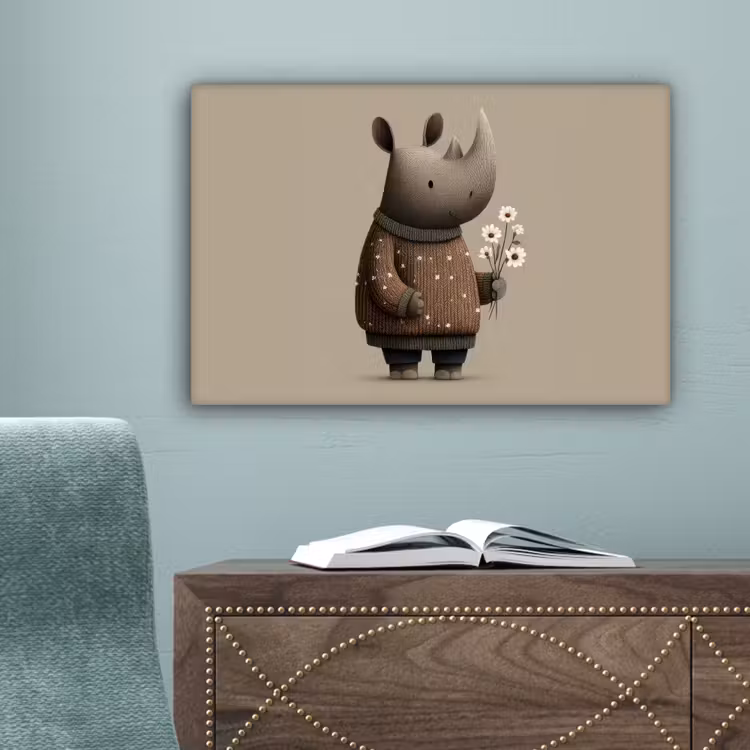 Neushoorn - Witte bloemen - Lief canvas 2cm klein -sfeer4