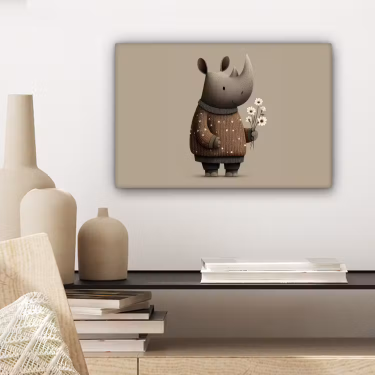 Neushoorn - Witte bloemen - Lief canvas 2cm klein -sfeer6