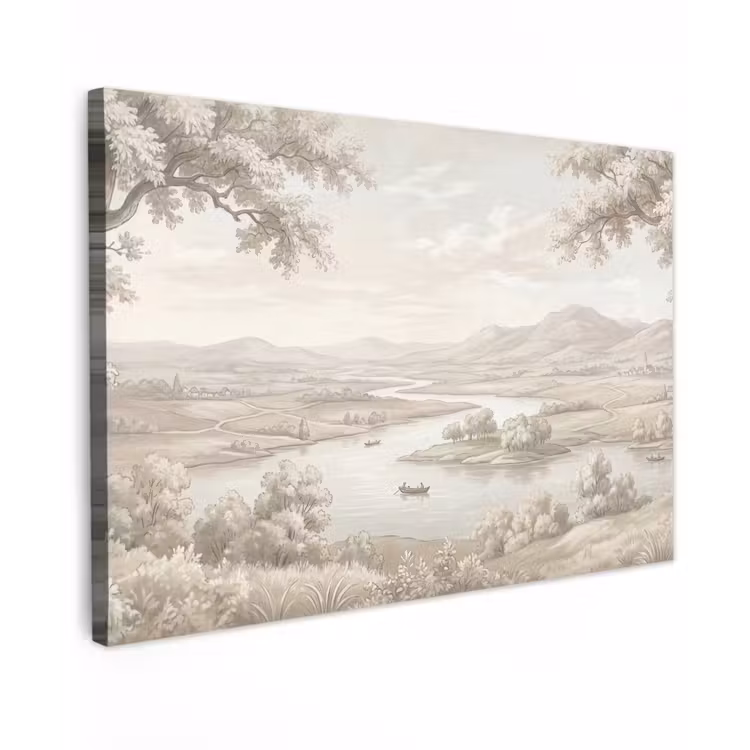Rivierlandschap - Bergen - Natuur - Vintage - Beige canvas 2cm klein -z3d