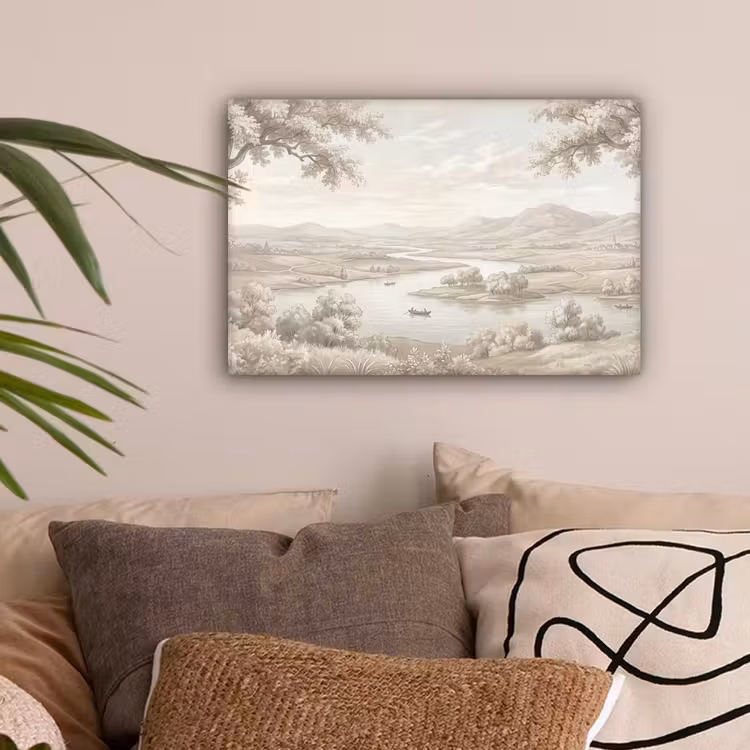 Rivierlandschap - Bergen - Natuur - Vintage - Beige canvas 2cm klein -sfeer1