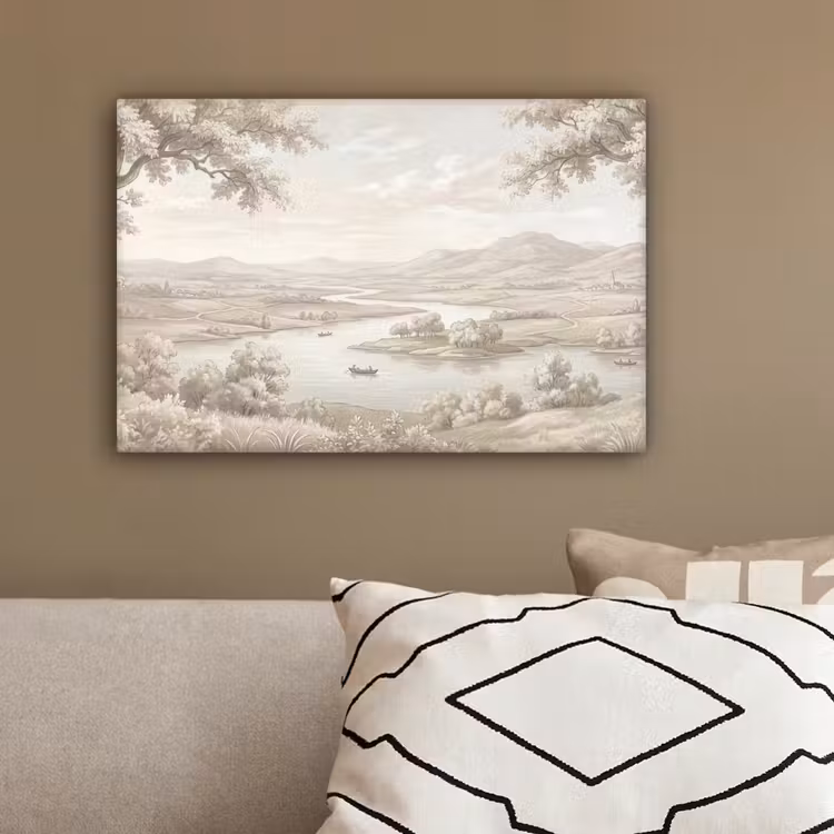 Rivierlandschap - Bergen - Natuur - Vintage - Beige canvas 2cm klein -sfeer3