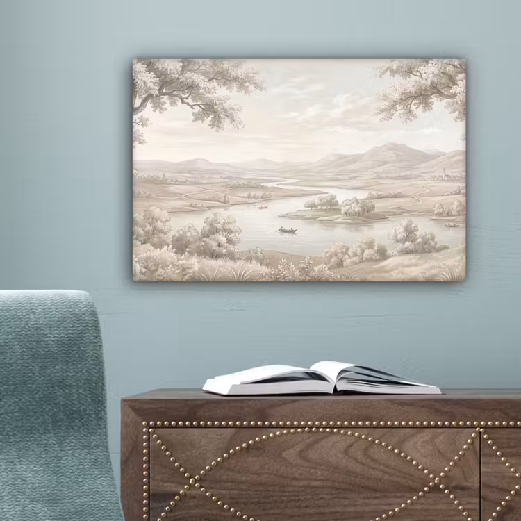 Rivierlandschap - Bergen - Natuur - Vintage - Beige canvas 2cm klein -sfeer4
