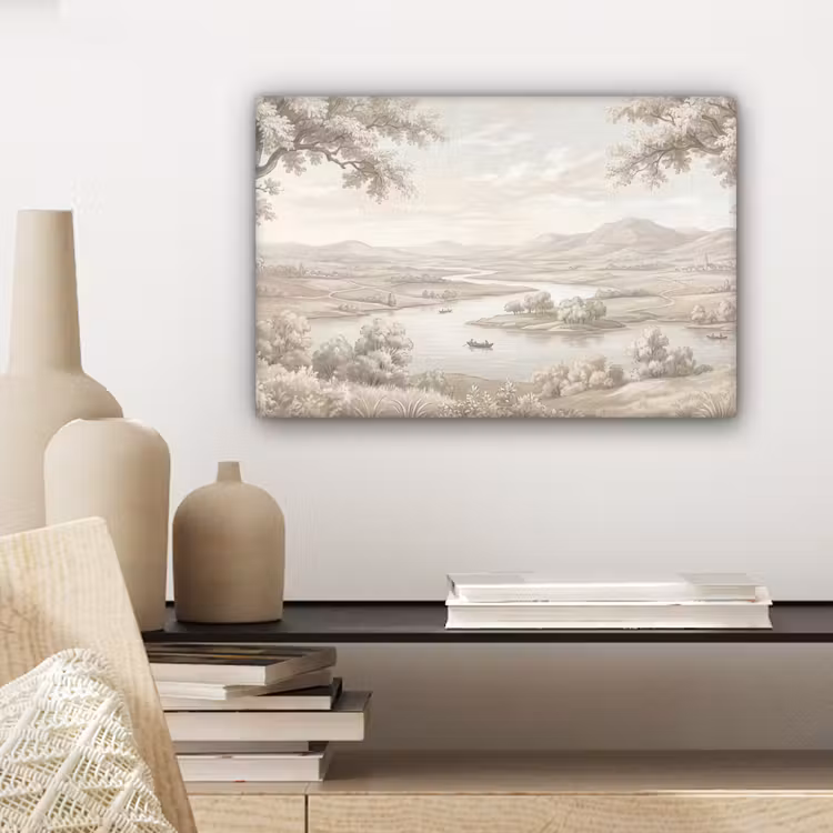 Rivierlandschap - Bergen - Natuur - Vintage - Beige canvas 2cm klein -sfeer6