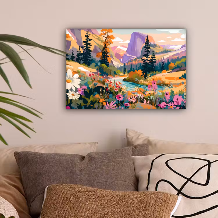 Rivier - Vallei vol bloemen - Levendig canvas 2cm klein -sfeer1