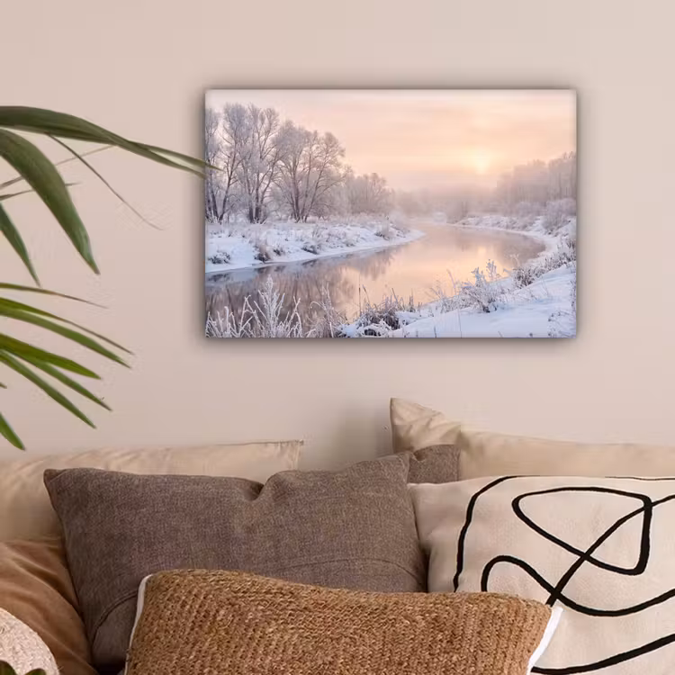 Rivier - Winter - Landschap - Sneeuw - Zonsopgang canvas 2cm klein -sfeer1