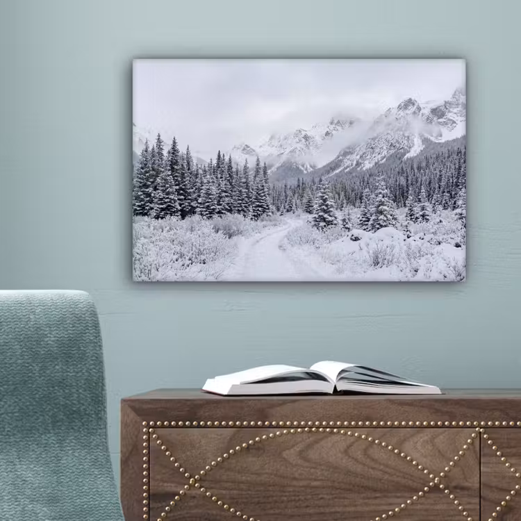 Weg - Bergen - Sneeuw - Naaldbos - Avontuurlijk canvas 2cm klein -sfeer4