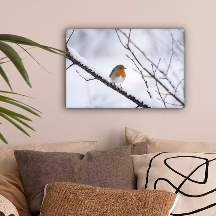 Roodborstje - Tak - Sneeuw - Winter - Levendig canvas 2cm klein -sfeer1