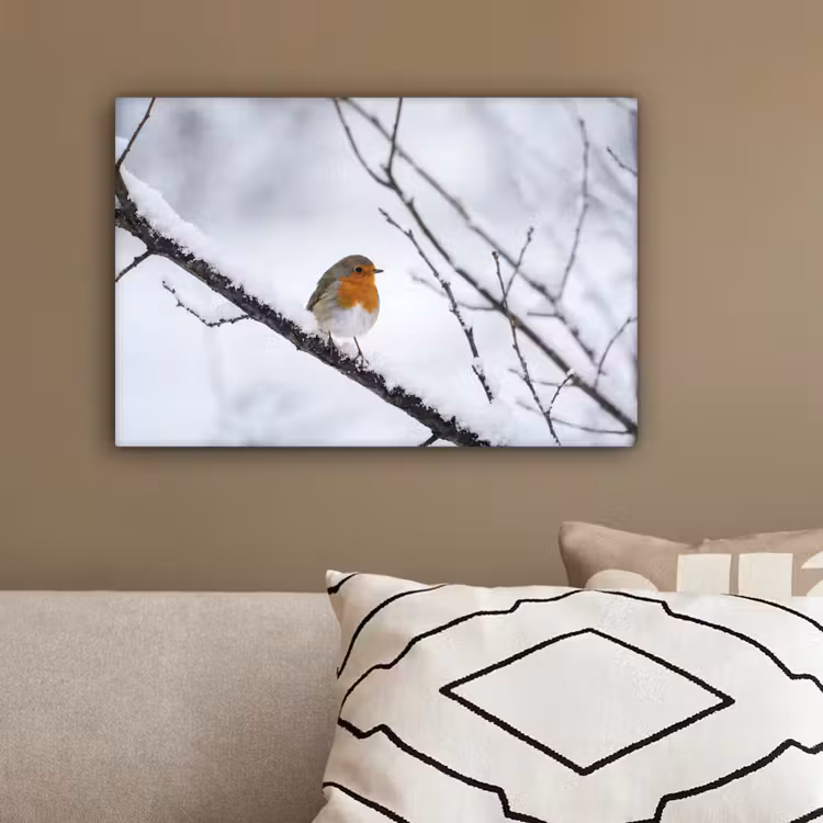 Roodborstje - Tak - Sneeuw - Winter - Levendig canvas 2cm klein -sfeer3