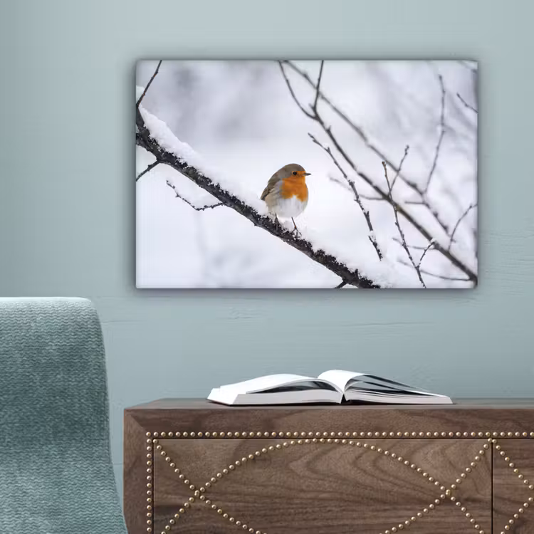 Roodborstje - Tak - Sneeuw - Winter - Levendig canvas 2cm klein -sfeer4
