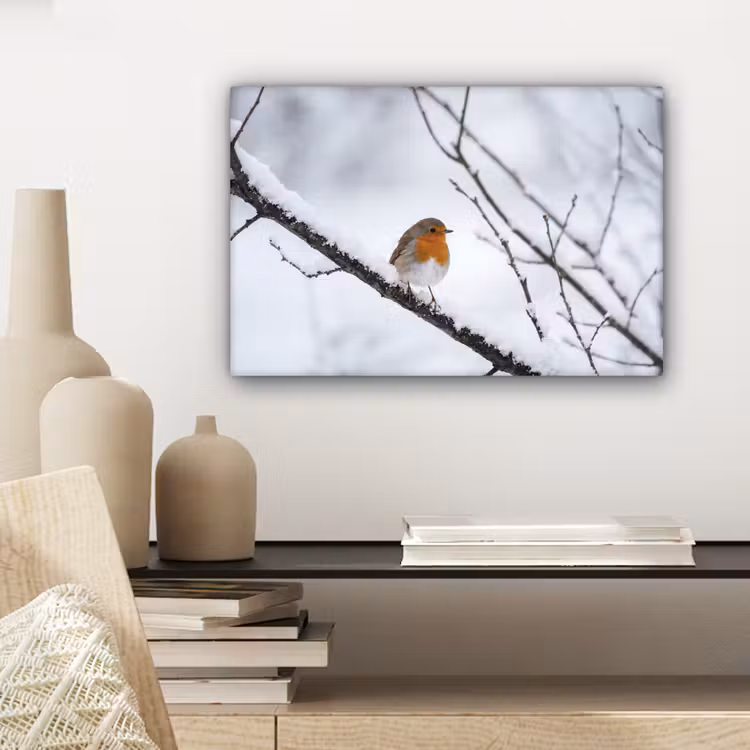 Roodborstje - Tak - Sneeuw - Winter - Levendig canvas 2cm klein -sfeer6