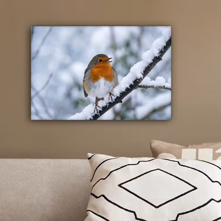 Roodborstje - Tak - Sneeuw - Winter - Levendig canvas 2cm klein -sfeer3