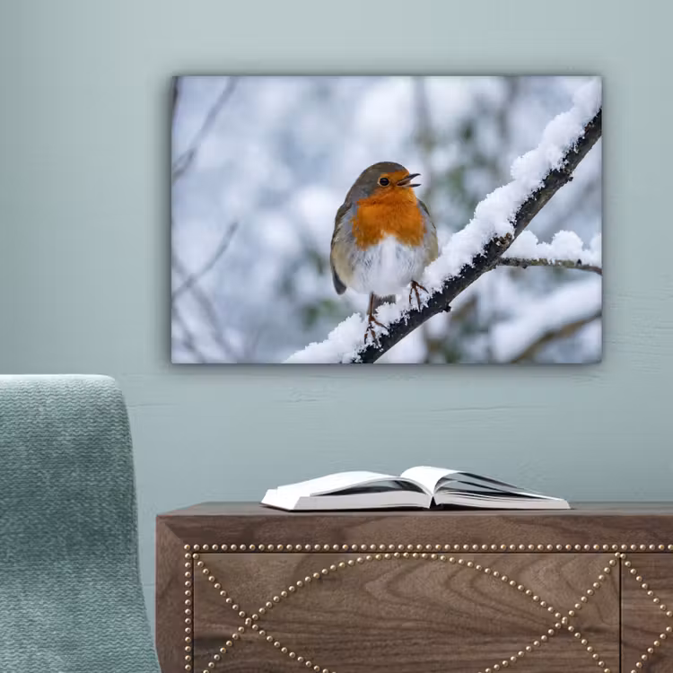 Roodborstje - Tak - Sneeuw - Winter - Levendig canvas 2cm klein -sfeer4