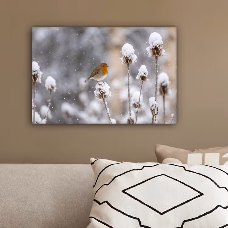 Roodborstje - Gedroogde bloem - Sneeuw - Winter - Vertederend canvas 2cm klein -sfeer3