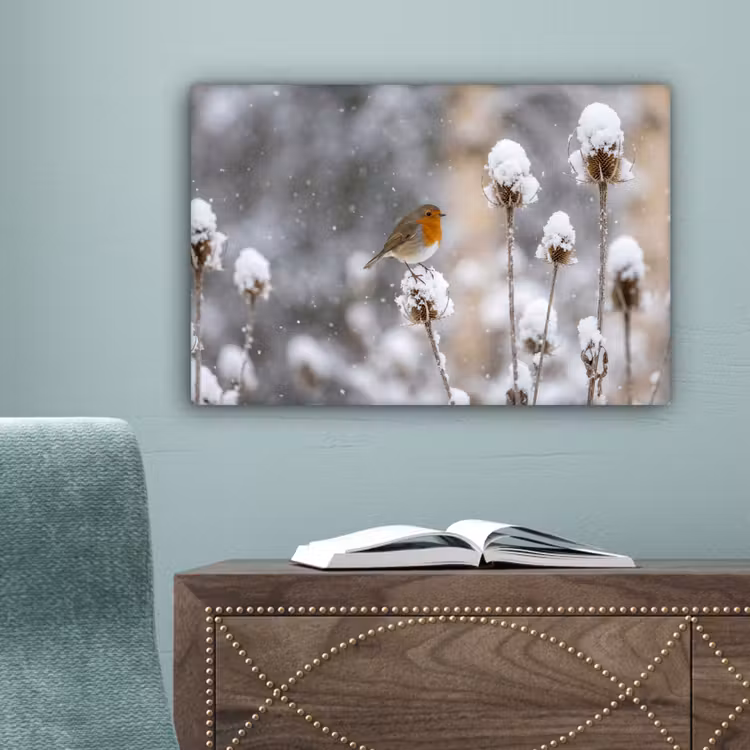 Roodborstje - Gedroogde bloem - Sneeuw - Winter - Vertederend canvas 2cm klein -sfeer4