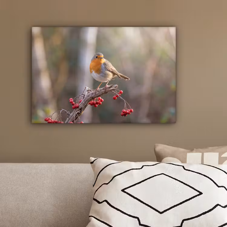 Roodborst - Tak - Bessen - Natuur canvas 2cm klein -sfeer3