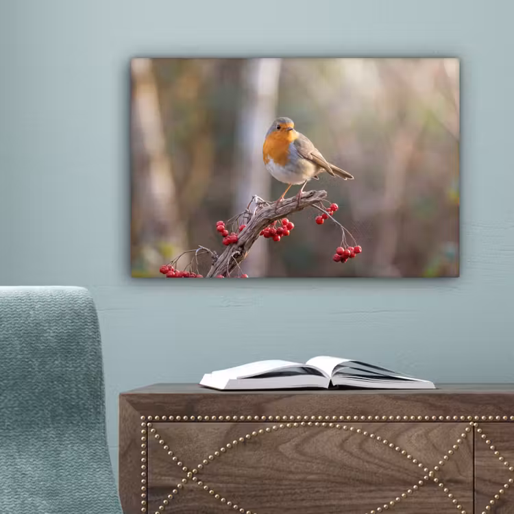 Roodborst - Tak - Bessen - Natuur canvas 2cm klein -sfeer4
