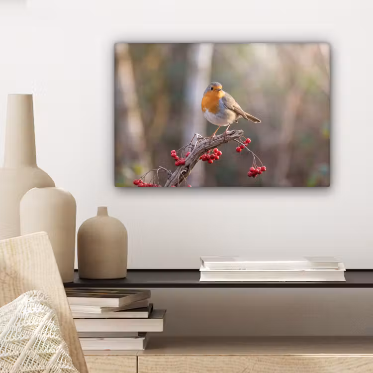 Roodborst - Tak - Bessen - Natuur canvas 2cm klein -sfeer6