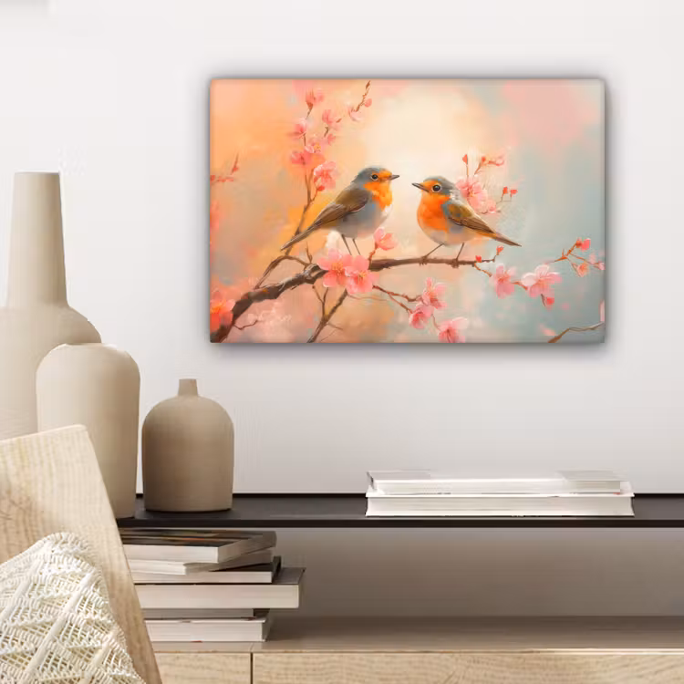 Roodborstjes - Sierlijk - Bloesemtak canvas 2cm klein -sfeer6