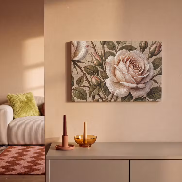 Roos - Mozaïek - Bloemen - Klassiek - Beige canvas 2cm klein -sfeer1