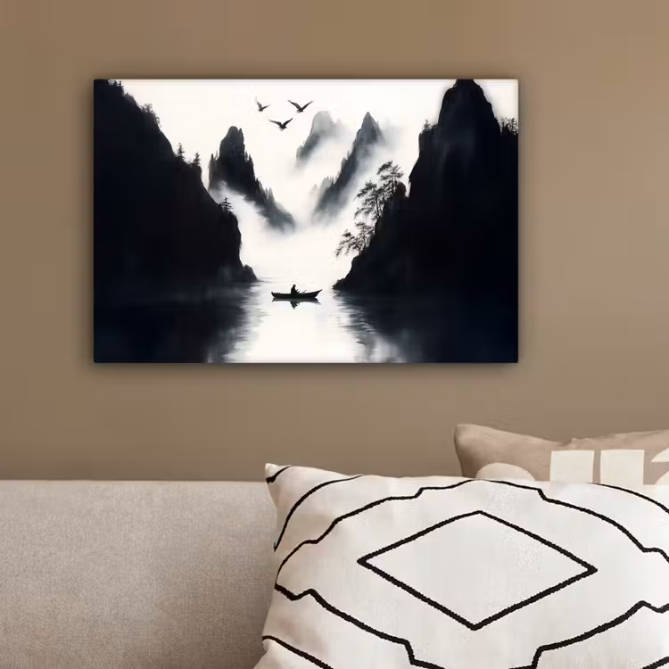 Roeiboot - Mistig - Bergen - Vogels canvas 2cm klein -sfeer3
