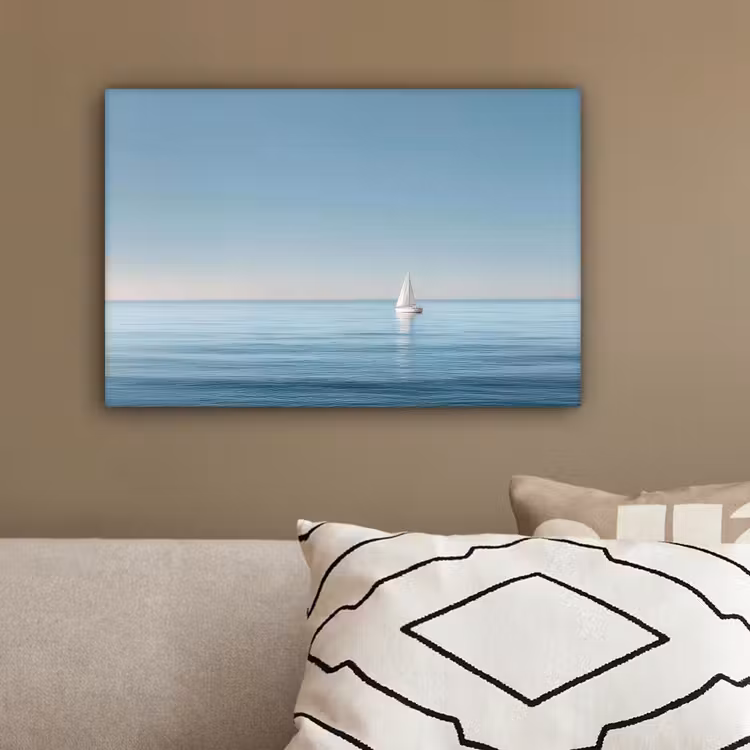 Zeilbootje - Kalme zee - Helderblauwe hemel canvas 2cm klein -sfeer3