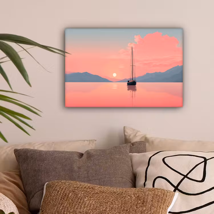 Zeilboot - Roze zee - Zonsondergang - Bergen canvas 2cm klein -sfeer1