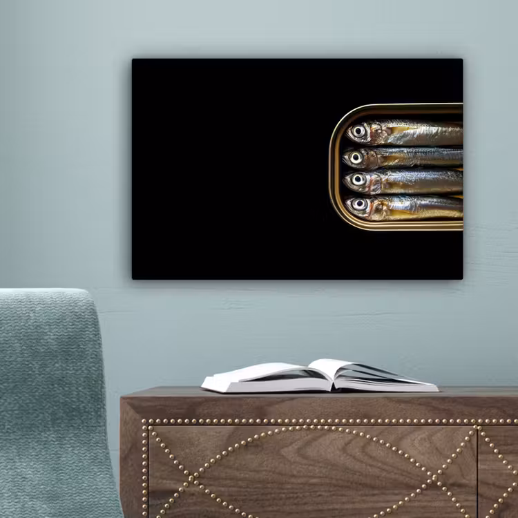Sardines - Blik - Zwart - Vissen canvas 2cm klein -sfeer4