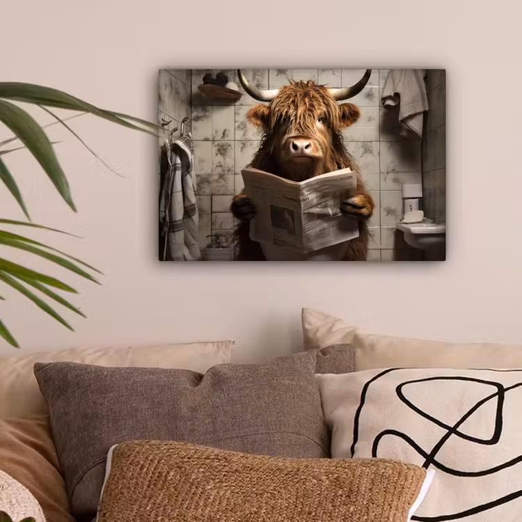 Schotse hooglander - Toilet - Krant - Badkamer canvas 2cm klein -sfeer1