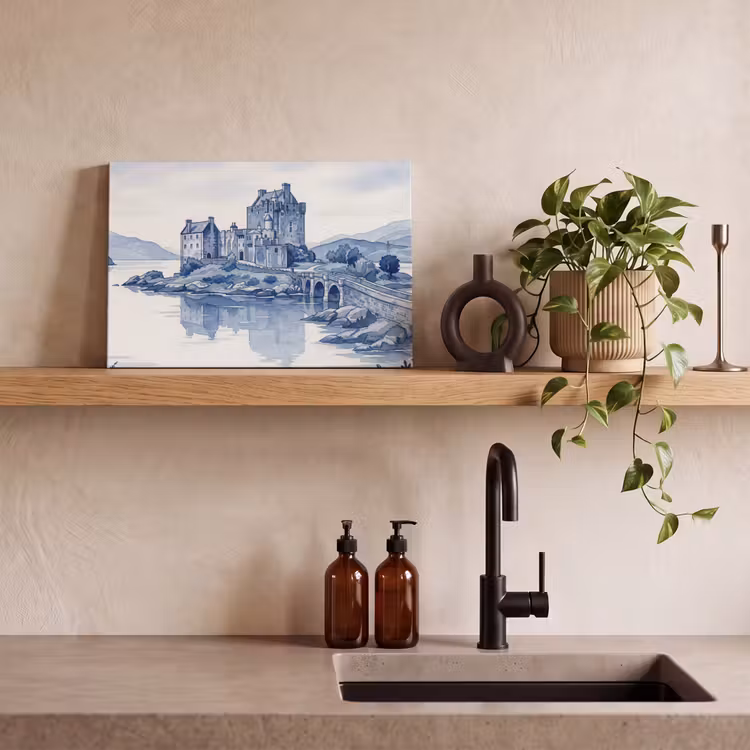 Schots - Kasteel - Blauw - Aquarel canvas 2cm klein -sfeer3