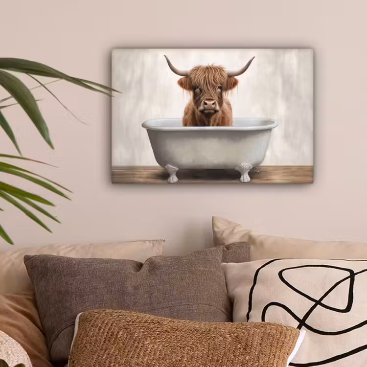 Schotse hooglander - Bad - Badkamer - Badkuip - Bruin - Horens canvas 2cm klein -sfeer1