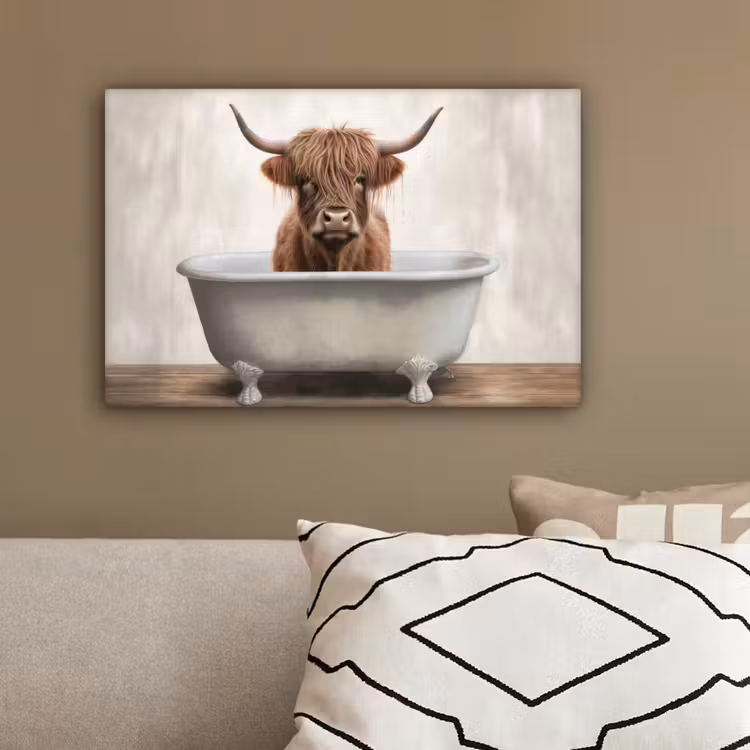 Schotse hooglander - Bad - Badkamer - Badkuip - Bruin - Horens canvas 2cm klein -sfeer3