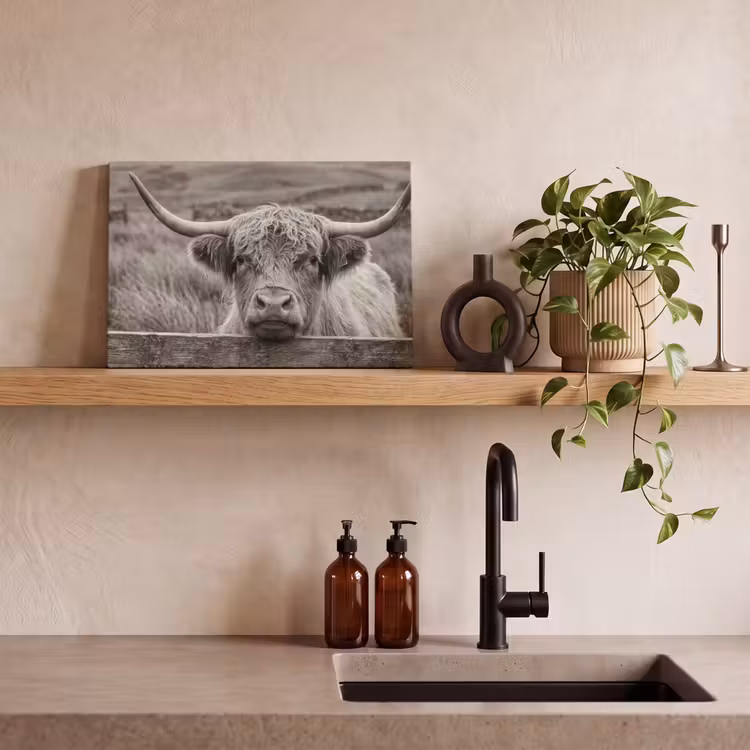 Schotse hooglander - Zwart - Wit - Hout canvas 2cm klein -sfeer3