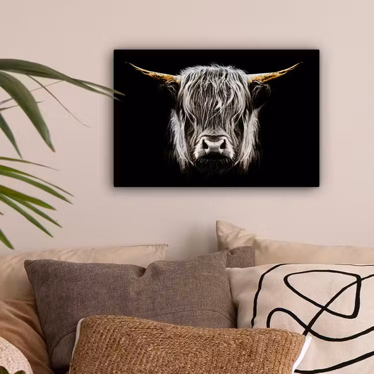 Schotse hooglander - Goud - Hoorns - Zwart wit - Koe - Dieren canvas 2cm klein -sfeer1