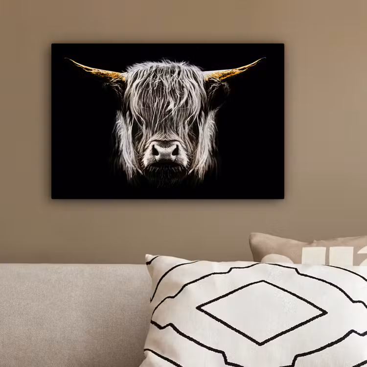 Schotse hooglander - Goud - Hoorns - Zwart wit - Koe - Dieren canvas 2cm klein -sfeer3