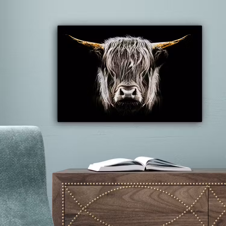 Schotse hooglander - Goud - Hoorns - Zwart wit - Koe - Dieren canvas 2cm klein -sfeer4