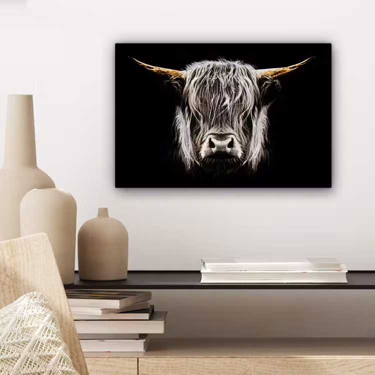 Schotse hooglander - Goud - Hoorns - Zwart wit - Koe - Dieren canvas 2cm klein -sfeer6