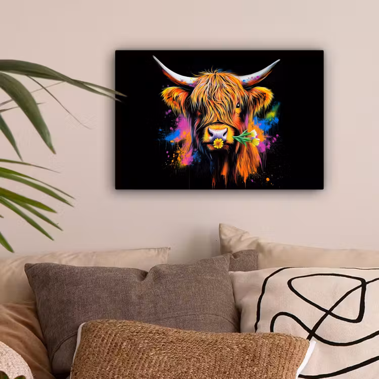 Schotse Hooglander - Graffiti - Kleurrijk - Bloem - Dieren canvas 2cm klein -sfeer1