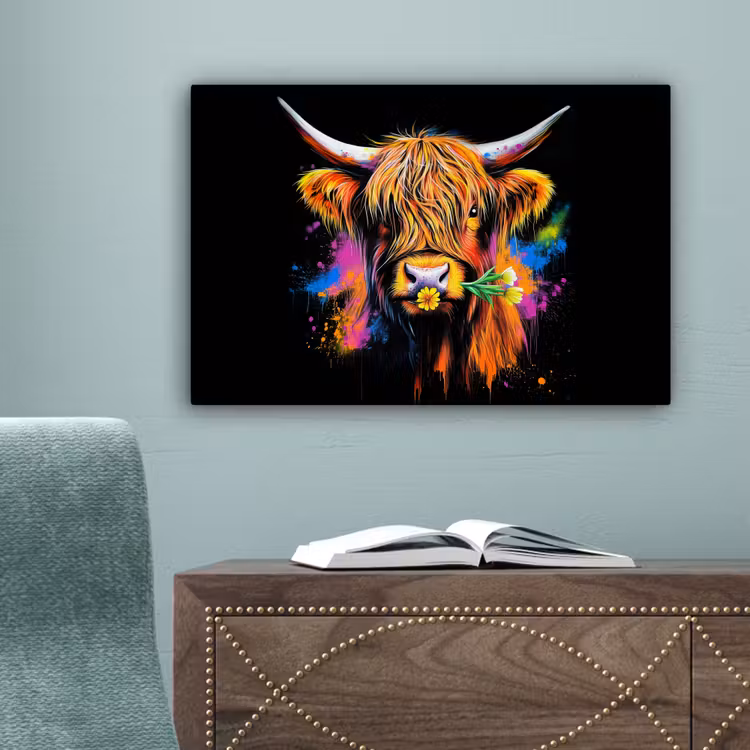 Schotse Hooglander - Graffiti - Kleurrijk - Bloem - Dieren canvas 2cm klein -sfeer4