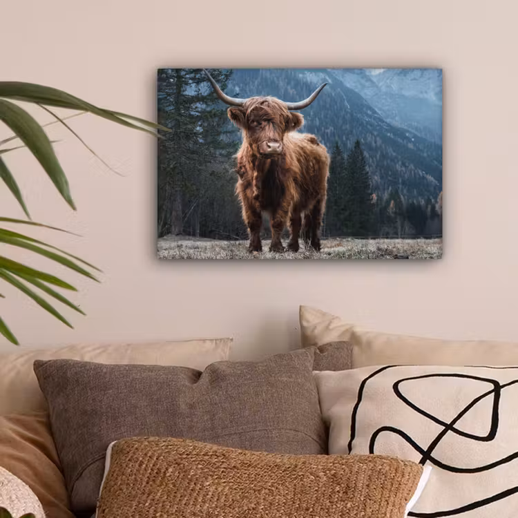 Schotse hooglander - Berg - Landschap - Bomen - Koe - Natuur canvas 2cm klein -sfeer1