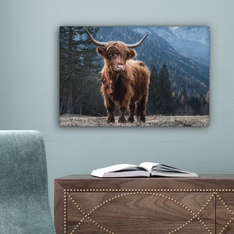 Schotse hooglander - Berg - Landschap - Bomen - Koe - Natuur canvas 2cm klein -sfeer4