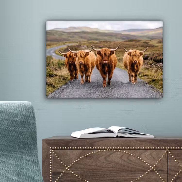 Schotse Hooglanders - Weg - Landschap - Kudde canvas 2cm klein -sfeer4