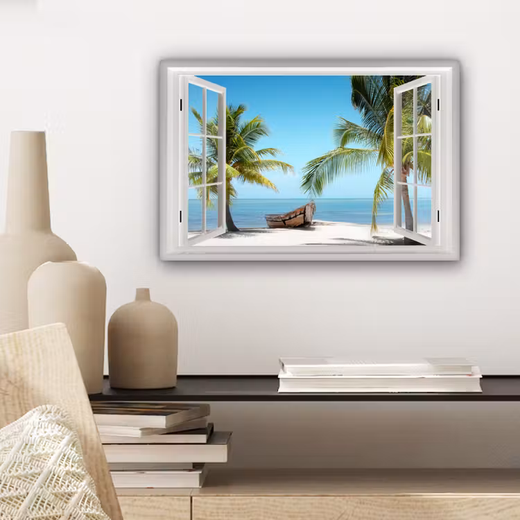 Doorkijk - Strand - Palmboom - Boot - Tropisch - Zee - Blauw canvas 2cm klein -sfeer6