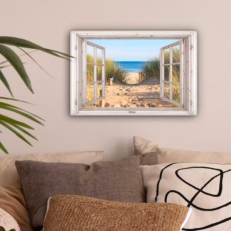 Doorkijk - Strand - Zee - Duinen - Zand - Water - Helmgras canvas 2cm klein -sfeer1