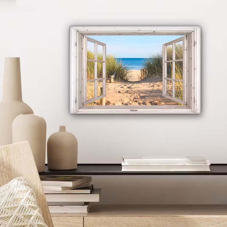 Doorkijk - Strand - Zee - Duinen - Zand - Water - Helmgras canvas 2cm klein -sfeer6