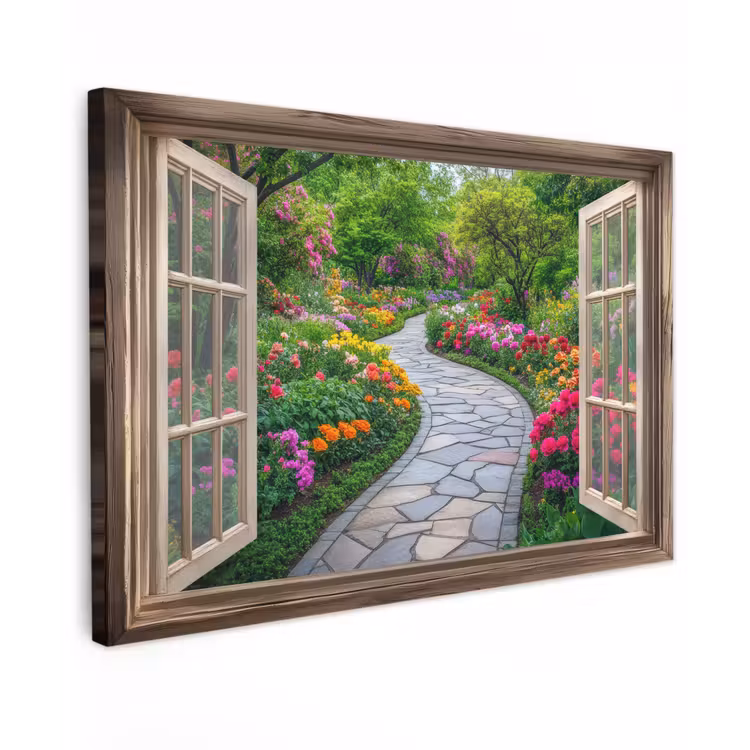 Doorkijk - Bloemen - Tuinpad - Natuur - Raam canvas 2cm klein -z3d