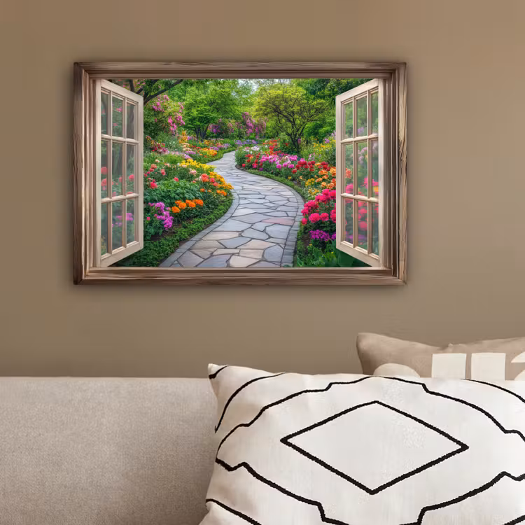 Doorkijk - Bloemen - Tuinpad - Natuur - Raam canvas 2cm klein -sfeer3