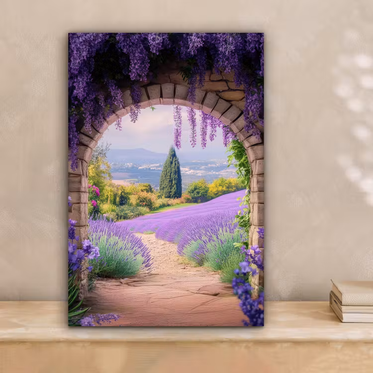 Doorkijk - Lavendel - Bloemen - Paars - Poort canvas 2cm klein -sfeer1